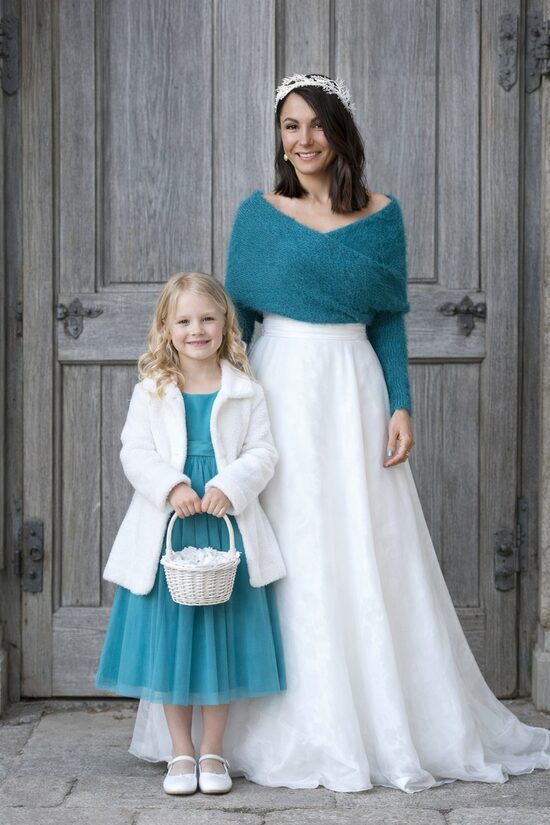 Türkisfarbener Braut Bolero, gestricktes Hochzeits-Cover-Up für Brautjungfern, VB21